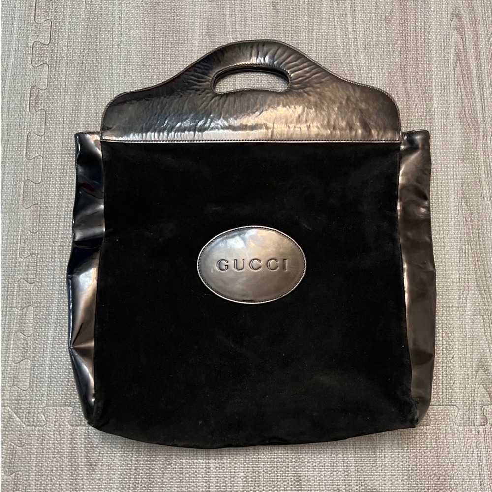Gucci Vintage Black Suede Patent Leather Tote‎ Bag 002-8000 Made in Italy